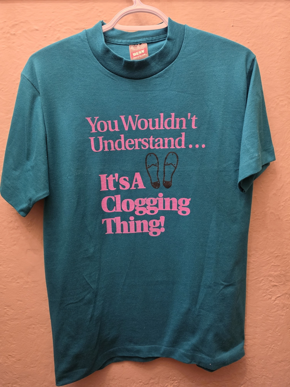 Vintage 80s/90s Single Stitch Clogging Thing Tee M Teal Pink Dance Shirt